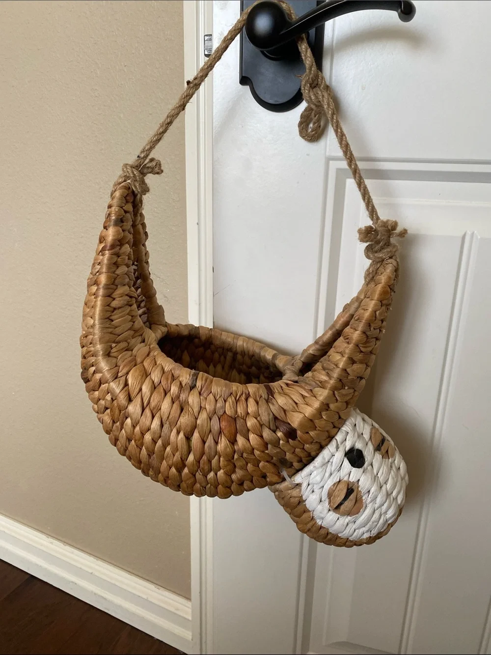 Pottery Barn Kids Brown and White Handwoven Hanging Basket with sloth Detail